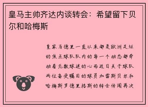 皇马主帅齐达内谈转会:希望留下贝尔和哈梅斯